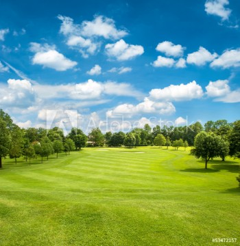 Picture of Green golf field and blue cloudy sky